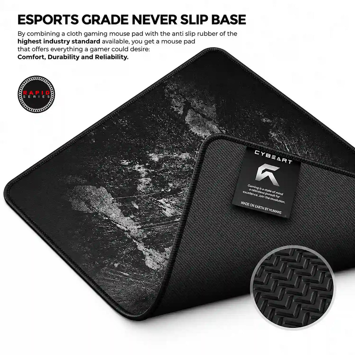 Cybeart Signature Edition Large Gaming Mouse Pad corner flipped showing esports grade anti slip rubber base -tpstech.in