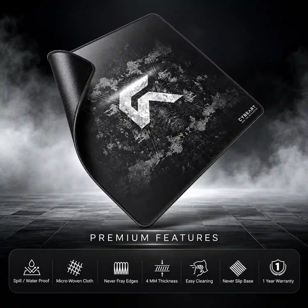 Cybeart Signature Edition Large Gaming Mouse Pad displaying premium features including waterproof fabric and 4mm thickness -tpstech.in