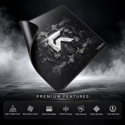 Cybeart Signature Edition Large Gaming Mouse Pad displaying premium features including waterproof fabric and 4mm thickness -tpstech.in