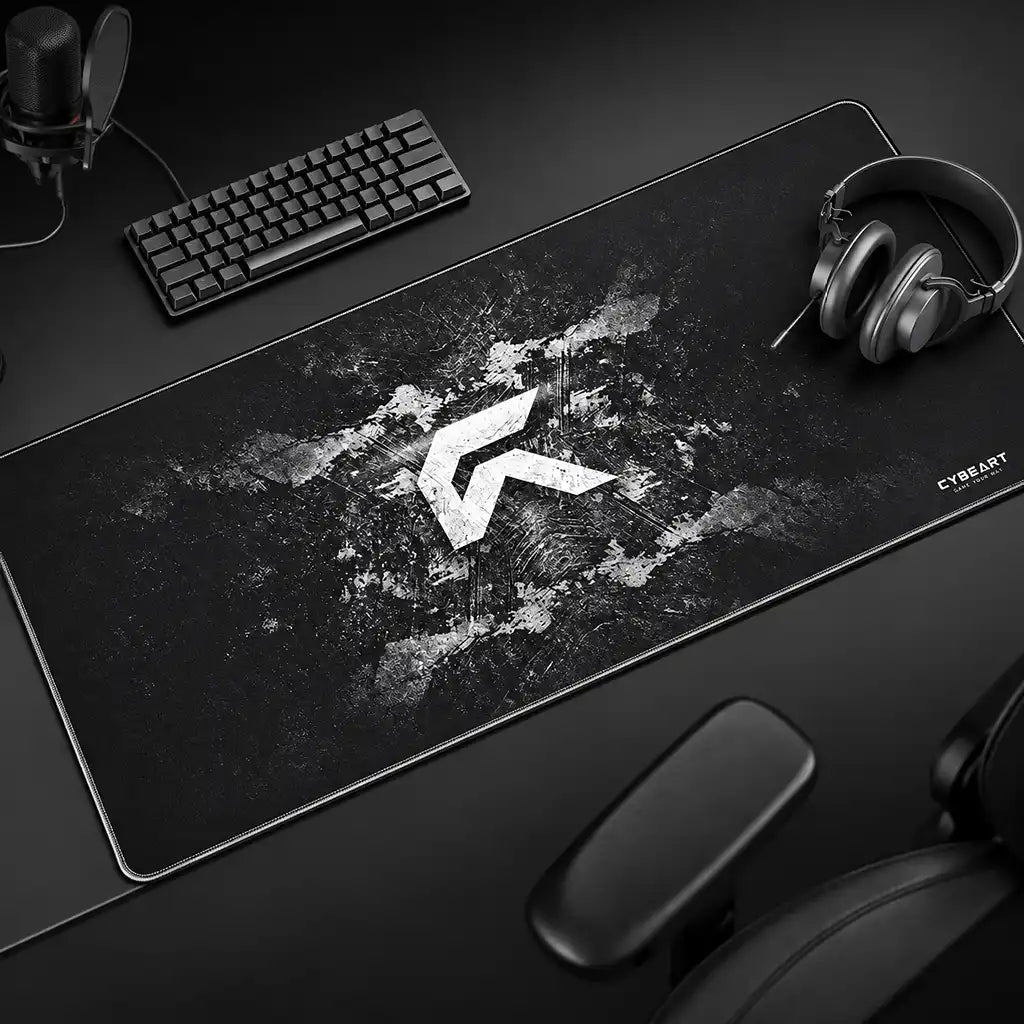 Cybeart Signature Edition XXL Gaming Mouse Pad on dark desk setup with keyboard and headphones -tpstech.in
