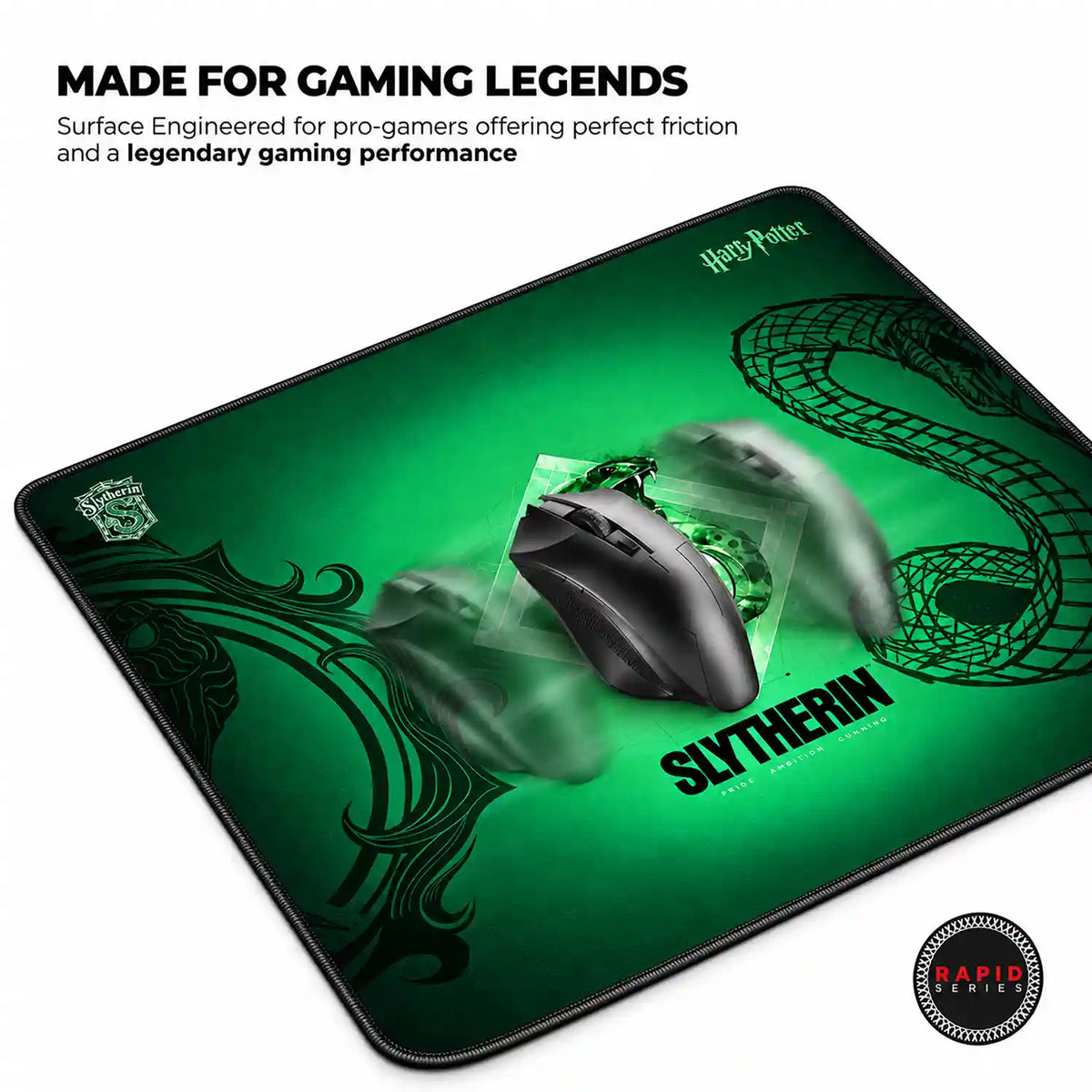 Cybeart Slytherin Gaming Mouse Pad Large Stitched Edges mouse glide action demonstrating pro gaming speed -tpstech.in