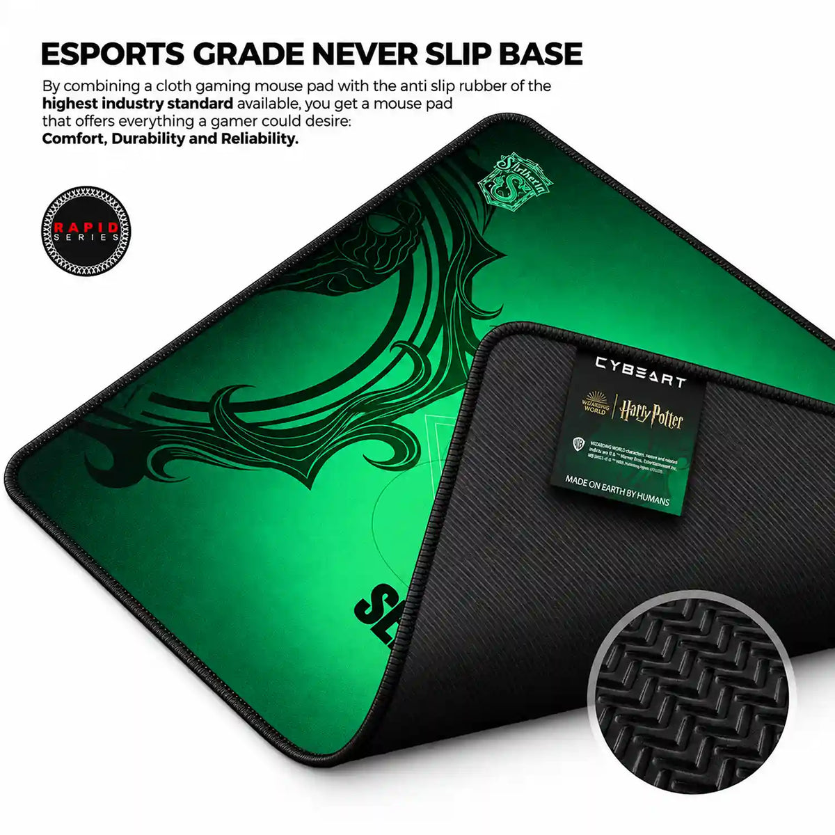 Cybeart Slytherin Gaming Mouse Pad Large Stitched Edges corner folded showing esports grade anti slip rubber base -tpstech.in