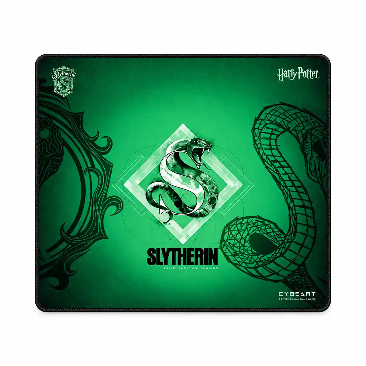 Cybeart Slytherin Gaming Mouse Pad Large Stitched Edges top view featuring Harry Potter Slytherin snake design -tpstech.in