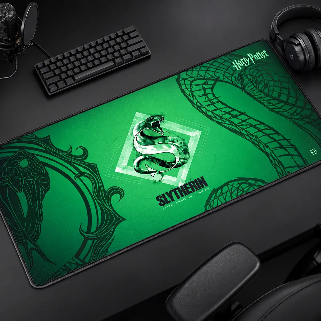 Cybeart Slytherin XXL Gaming Mouse Pad Spill-Proof Surface on gaming desk setup with keyboard and headphones -tpstech.in