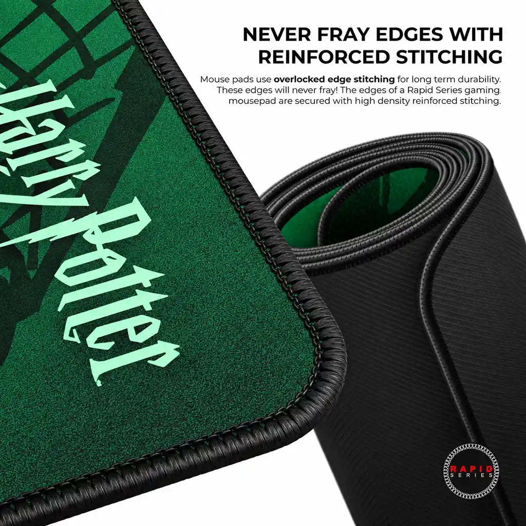 Cybeart Slytherin XXL Gaming Mouse Pad Spill-Proof Surface close up of overlocked durable stitched border -tpstech.in
