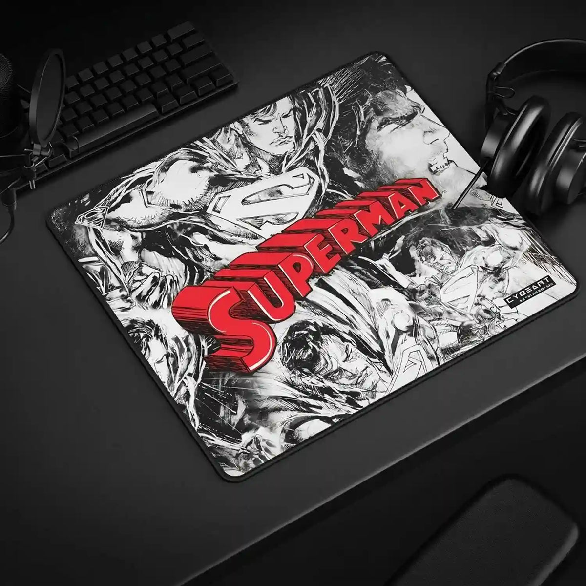 Cybeart Superman Jim Lee Edition Large Gaming Mouse Pad placed on a gaming desk setup -tpstech.in