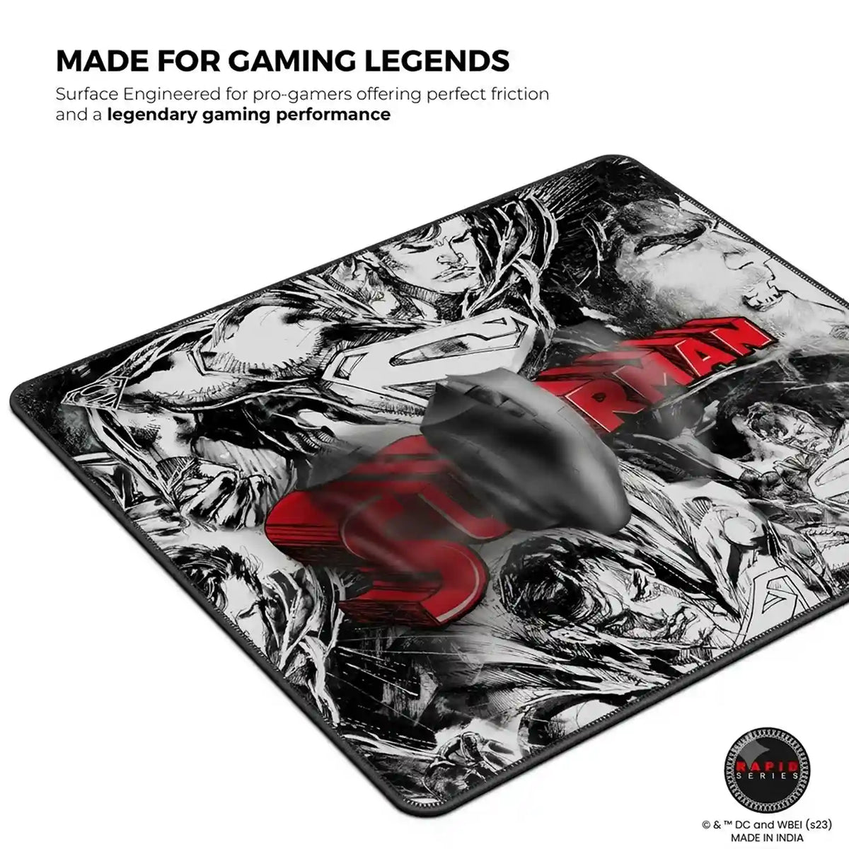 Cybeart Superman Jim Lee Edition Large Gaming Mouse Pad with gaming mouse highlighting friction free surface -tpstech.in