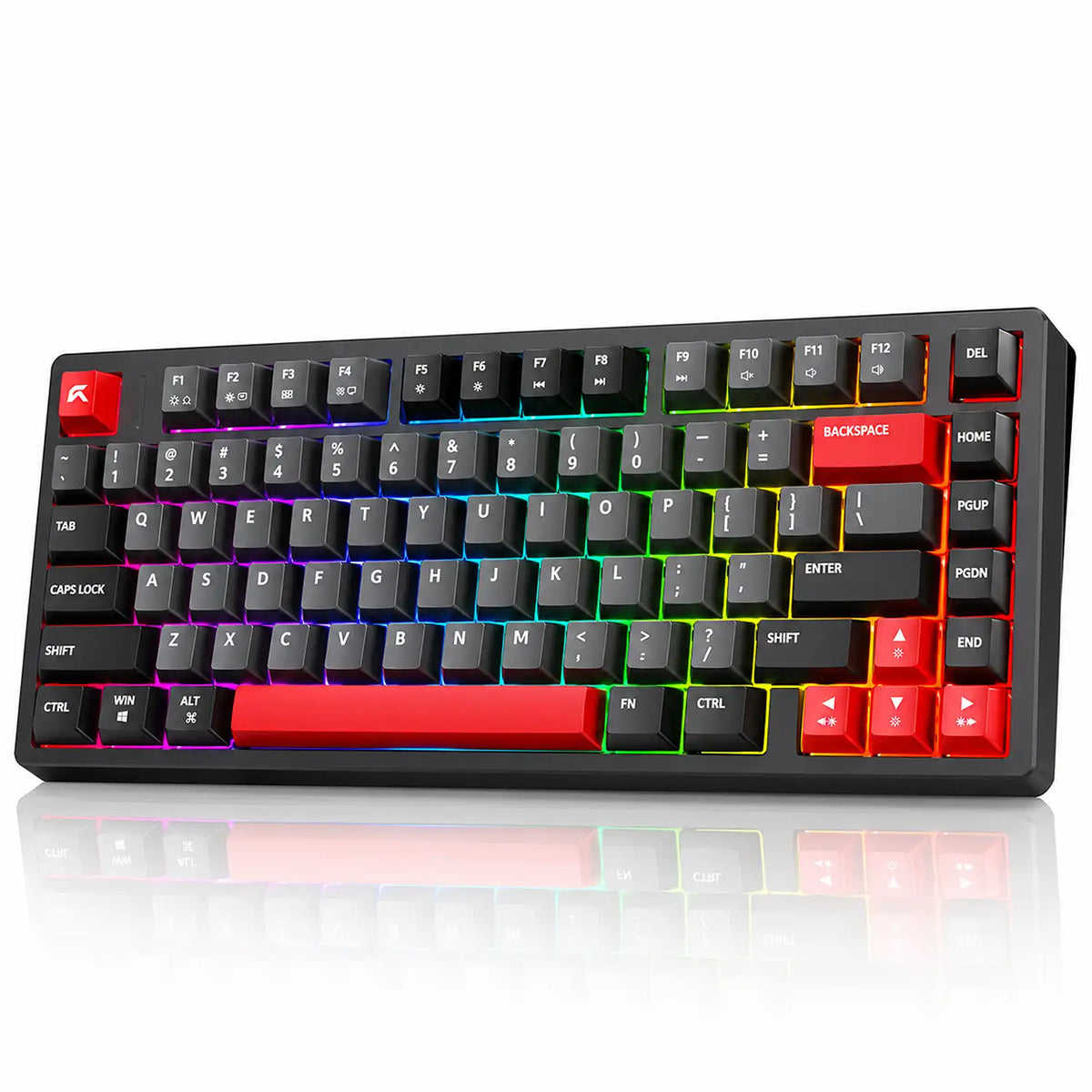 Angled perspective view of CYBEART X75 Rhino Wireless Mechanical Keyboard 81 Keys CNC Aluminum Tri-Mode illuminated with RGB backlighting -tpstech.in