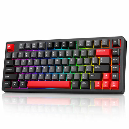 Angled perspective view of CYBEART X75 Rhino Wireless Mechanical Keyboard 81 Keys CNC Aluminum Tri-Mode illuminated with RGB backlighting -tpstech.in