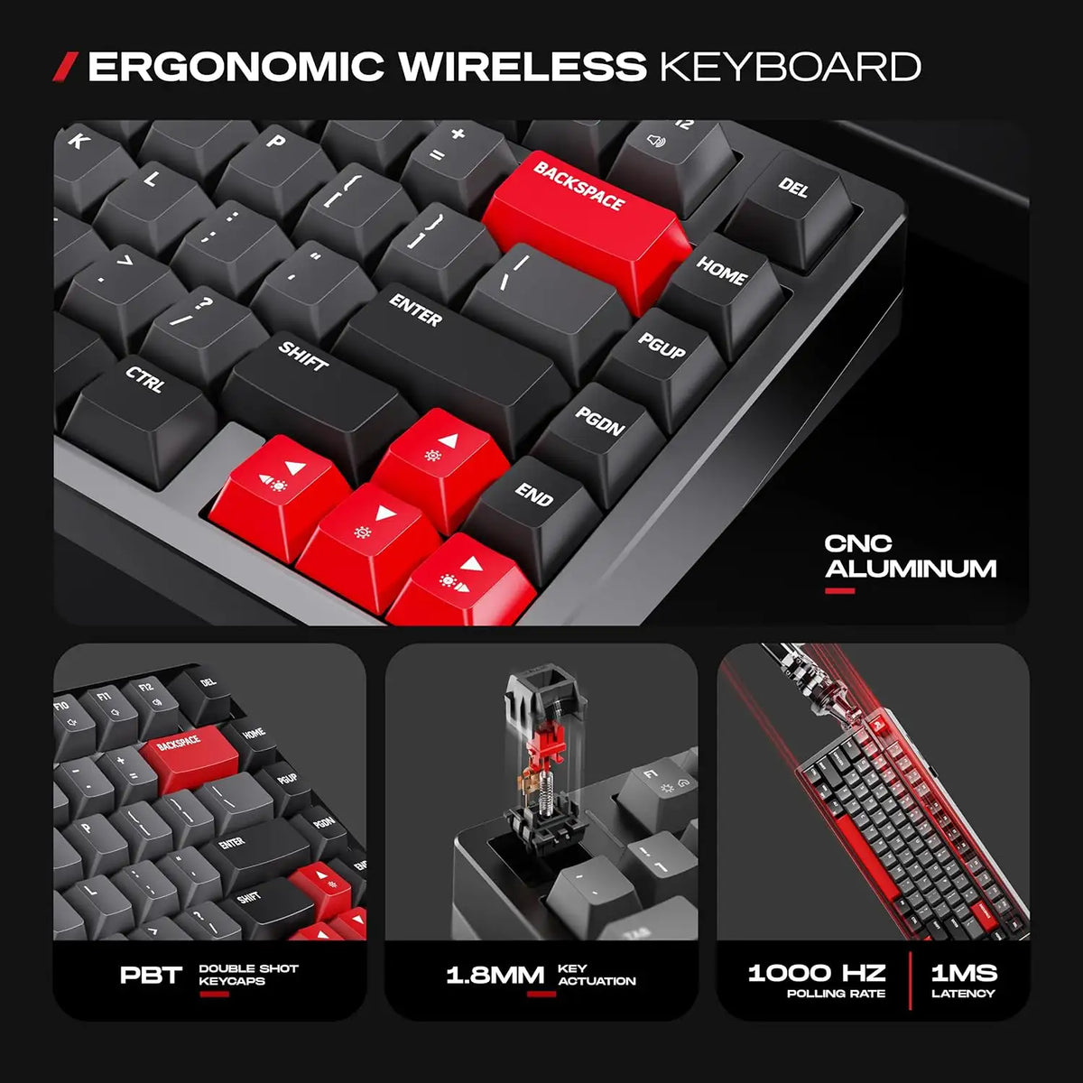 Double shot PBT keycaps and 1.8mm key actuation details of CYBEART X75 Rhino Wireless Mechanical Keyboard 81 Keys CNC Aluminum Tri-Mode[cite: 99] -tpstech.in