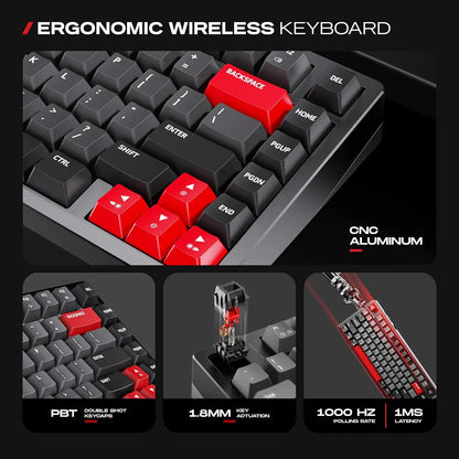 Double shot PBT keycaps and 1.8mm key actuation details of CYBEART X75 Rhino Wireless Mechanical Keyboard 81 Keys CNC Aluminum Tri-Mode[cite: 99] -tpstech.in
