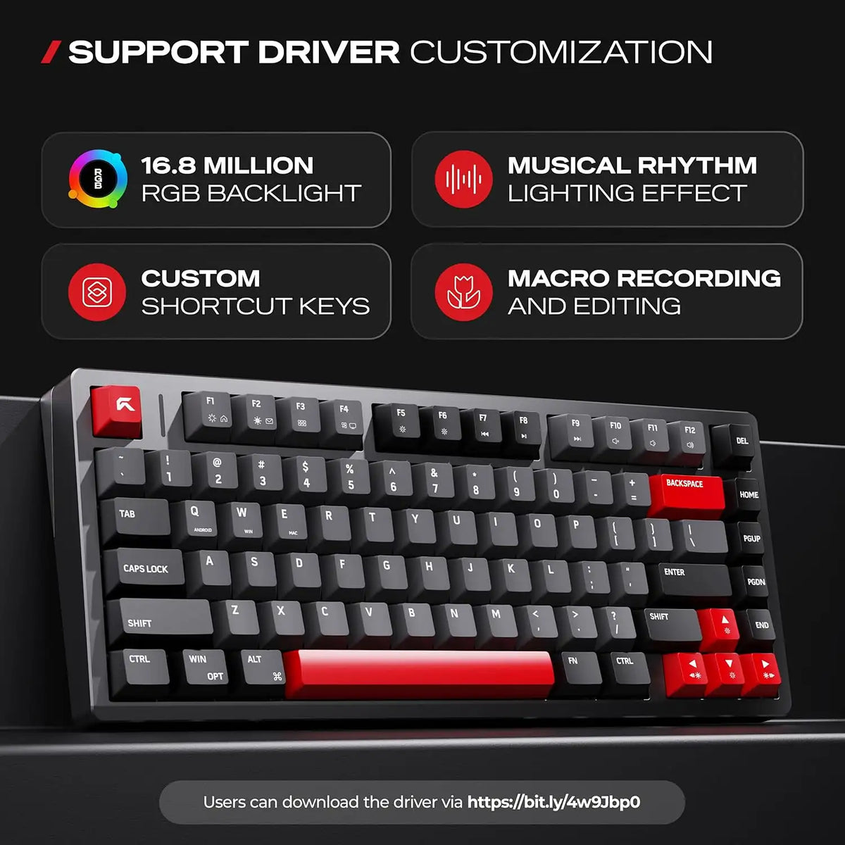 Driver customization features including macro recording and RGB lighting modes for CYBEART X75 Rhino Wireless Mechanical Keyboard 81 Keys CNC Aluminum Tri-Mode[cite: 97] -tpstech.in