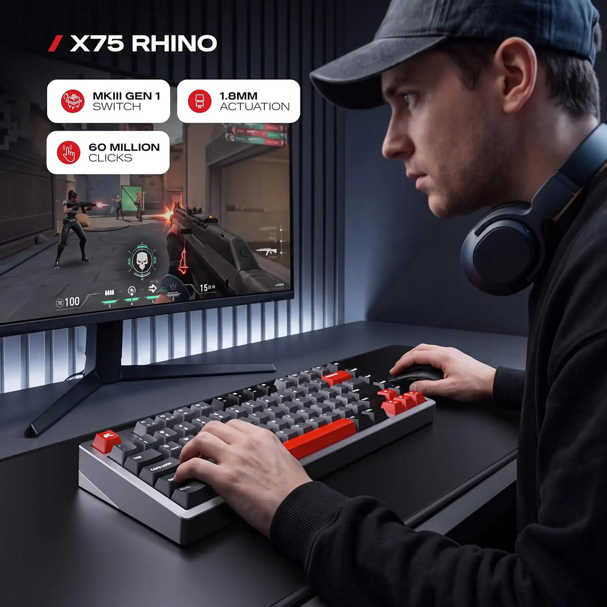 CYBEART X75 Rhino Wireless Mechanical Keyboard 81 Keys CNC Aluminum Tri-Mode being used in an active PC gaming setup -tpstech.in