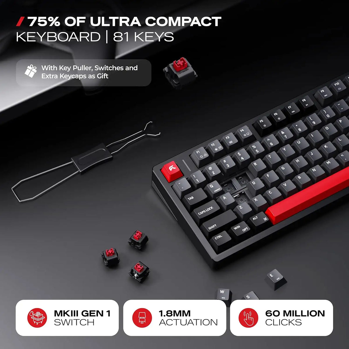 Keycap puller with extra keycaps and MKIII Gen 1 mechanical switches for CYBEART X75 Rhino Wireless Mechanical Keyboard 81 Keys CNC Aluminum Tri-Mode[cite: 101] -tpstech.in