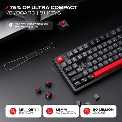Keycap puller with extra keycaps and MKIII Gen 1 mechanical switches for CYBEART X75 Rhino Wireless Mechanical Keyboard 81 Keys CNC Aluminum Tri-Mode[cite: 101] -tpstech.in