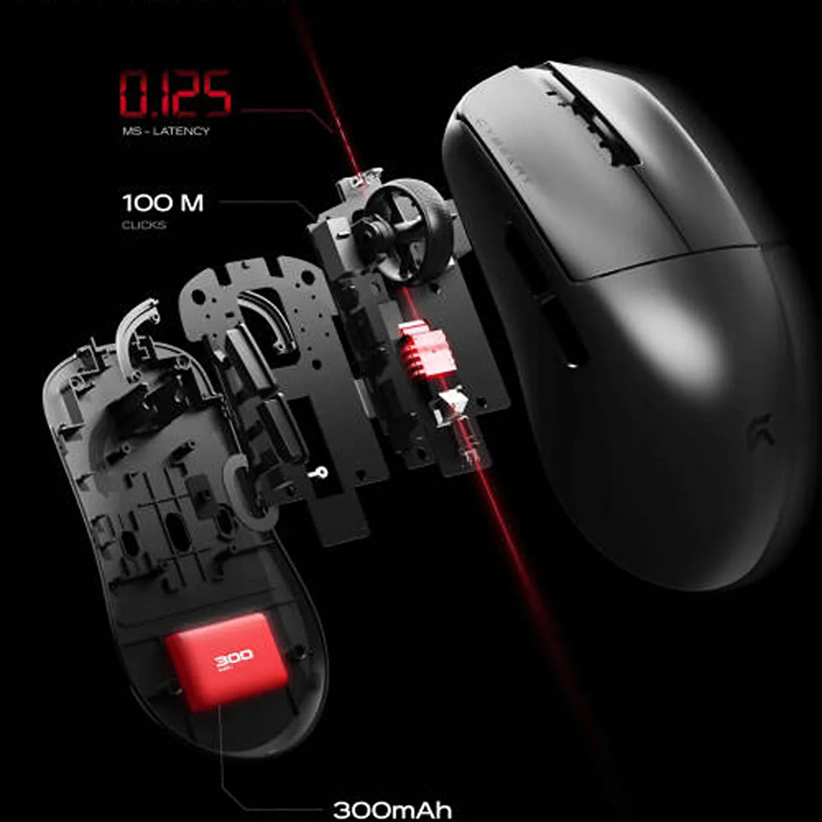 Exploded view of Cybeart Xeus Ultra-Light Wireless Gaming Mouse 8K Tri-Mode showing 100M click switches and 300mAh battery -tpstech.in