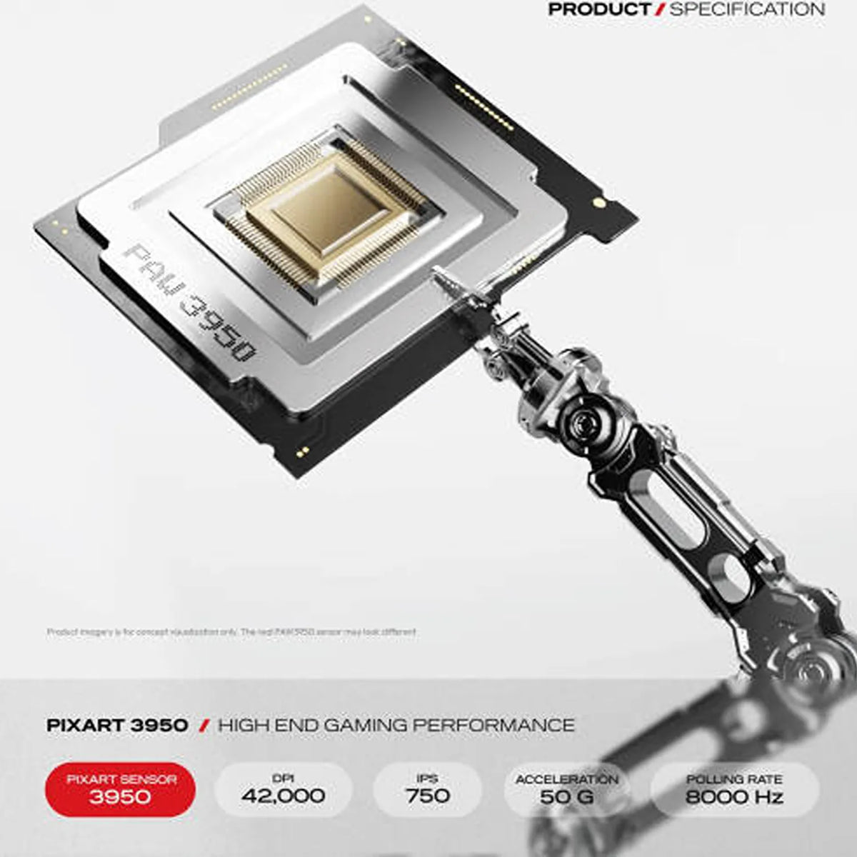 PixArt 3950 sensor specifications for Cybeart Xeus Ultra-Light Wireless Gaming Mouse 8K Tri-Mode with 42000 DPI and 8000Hz polling rate -tpstech.in