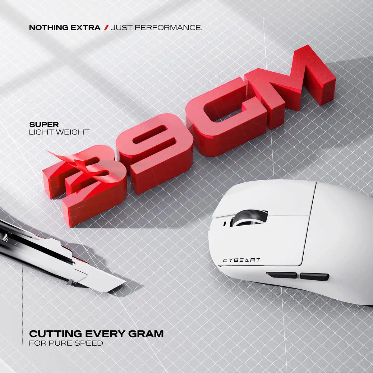 Cybeart Xeus Ultra-Light Wireless Gaming Mouse (White) highlighting super lightweight 39g ergonomic chassis design -tpstech.in