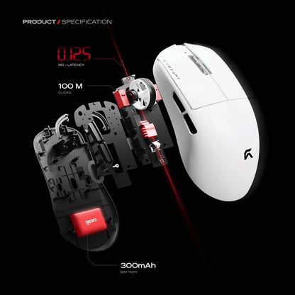 Exploded internal view of Cybeart Xeus Ultra-Light Wireless Gaming Mouse (White) showing 100M clicks switches and 300mAh battery -tpstech.in