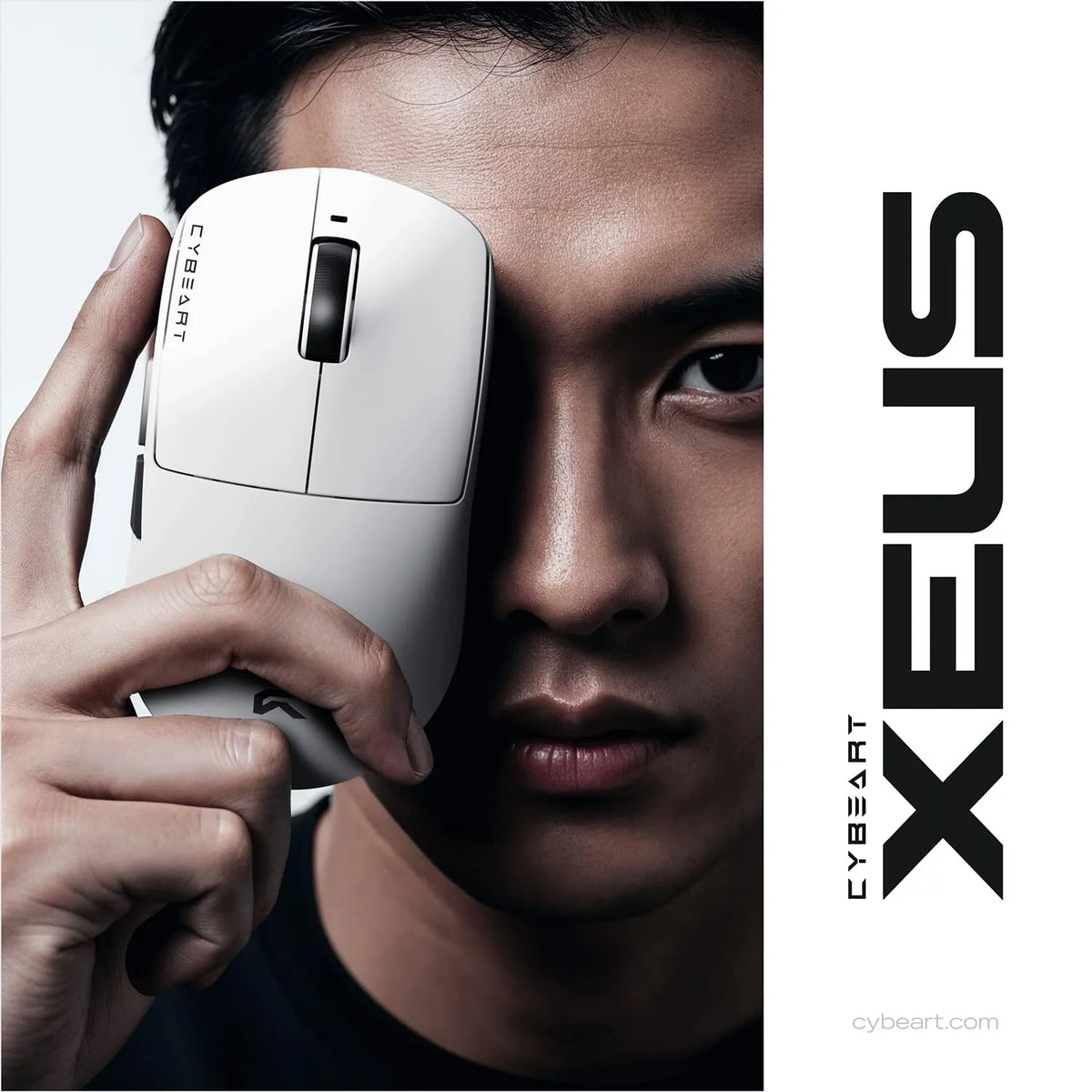 Gamer holding Cybeart Xeus Ultra-Light Wireless Gaming Mouse (White) showing compact form factor and clean white finish -tpstech.in