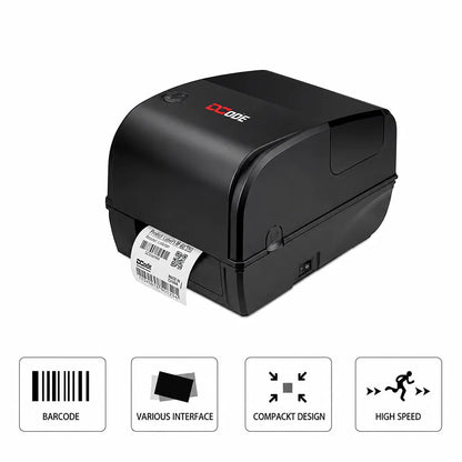Angled view of the Dcode DC-431 Pro thermal transfer barcode label printer with compact design, barcode printing, and high-speed performance.