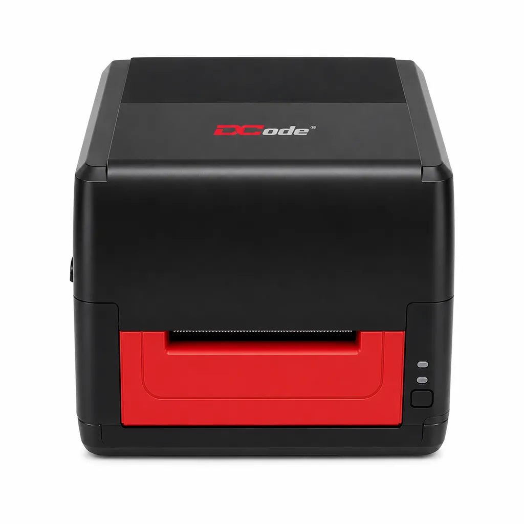 Front view of the Dcode DC-431 Pro thermal transfer barcode label printer with media output slot and status indicators.