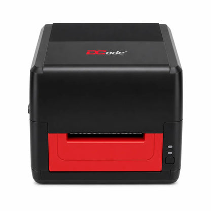 Front view of the Dcode DC-431 Pro thermal transfer barcode label printer with media output slot and status indicators.