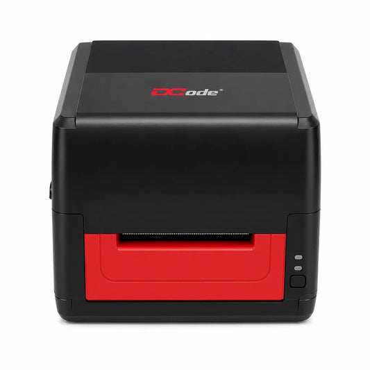 Front view of the Dcode DC-431 Pro thermal transfer barcode label printer with media output slot and status indicators.