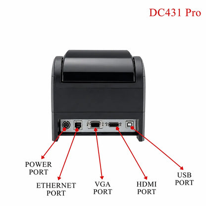 Rear connectivity ports of the Dcode DC-431 Pro barcode label printer showing power, Ethernet, VGA, HDMI, and USB ports.