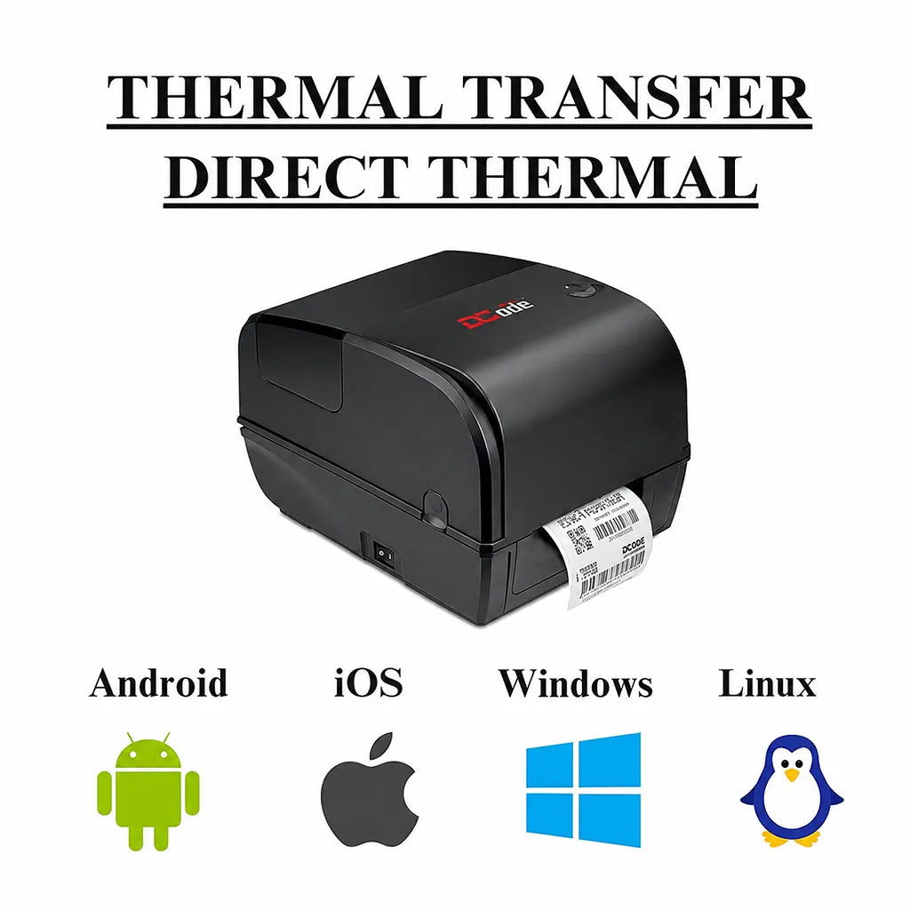 Dcode DC-431 Pro 300 DPI thermal transfer barcode label printer compatible with Android, iOS, Windows, and Linux operating systems.