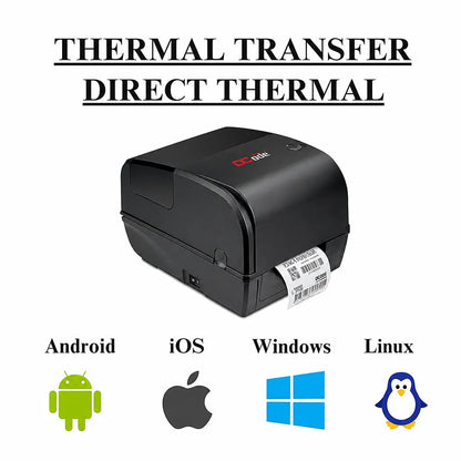 Dcode DC-431 Pro 300 DPI thermal transfer barcode label printer compatible with Android, iOS, Windows, and Linux operating systems.