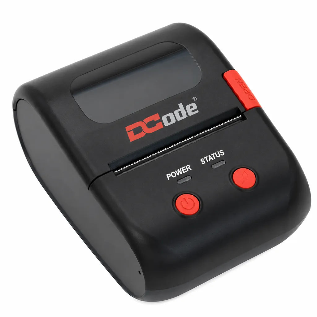 Dcode DC2M 2 inch mobile label and receipt printer with Bluetooth and USB connectivity front left angle view.