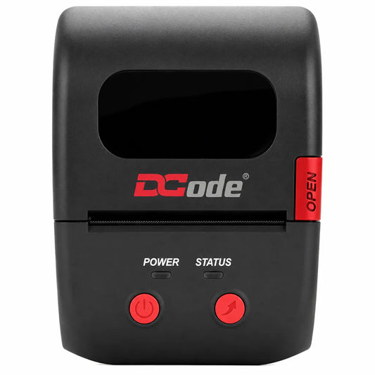 Front view of Dcode DC2M 2 inch direct thermal mobile label and receipt printer with power and status indicators.