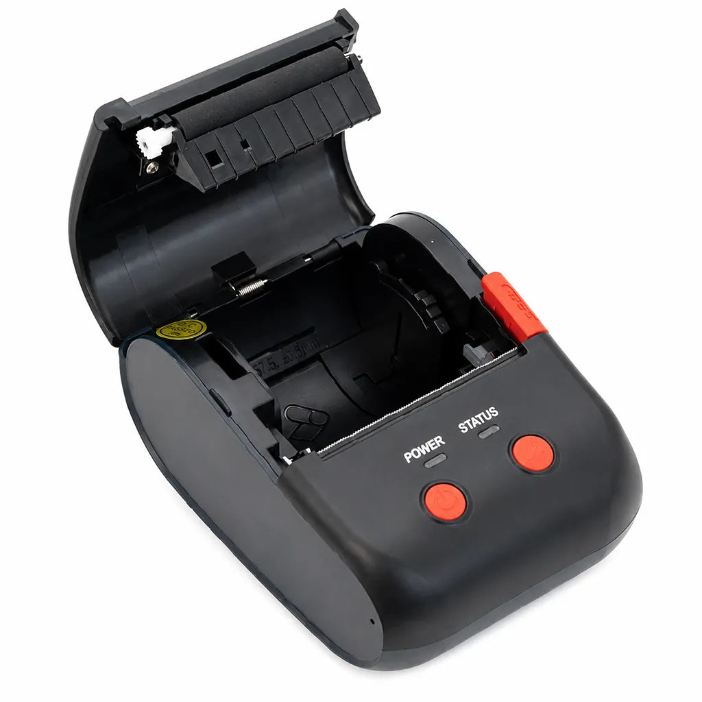 Dcode DC2M portable thermal label and receipt printer with open paper compartment for easy media loading.
