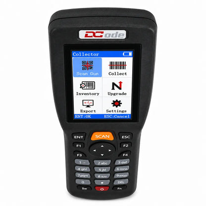 Dcode DC33A2 wireless 2D barcode scanner with color LCD display, keypad and ergonomic handheld design for inventory management.