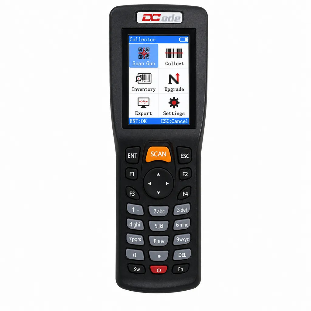 Front view of the Dcode DC33A2 wireless 2D barcode scanner with color LCD display, numeric keypad and inventory collection functions.