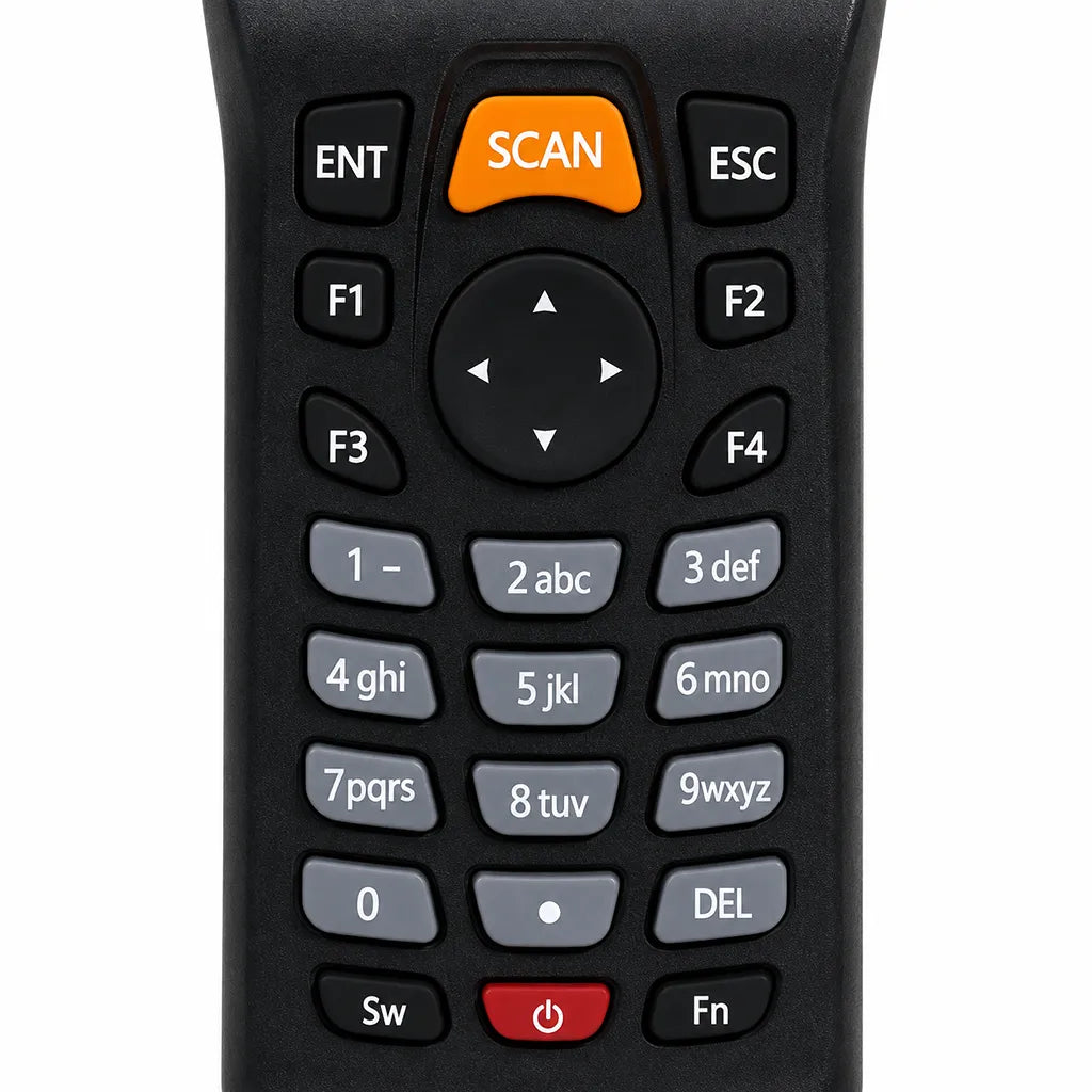Close-up of the Dcode DC33A2 wireless barcode scanner keypad with scan button, navigation keys and numeric keyboard.