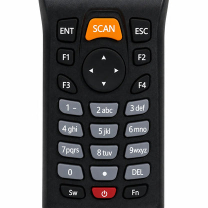 Close-up of the Dcode DC33A2 wireless barcode scanner keypad with scan button, navigation keys and numeric keyboard.