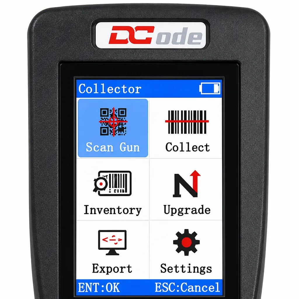 Dcode DC33A2 wireless 2D barcode scanner LCD display showing scan gun, inventory, collect, export and settings interface.
