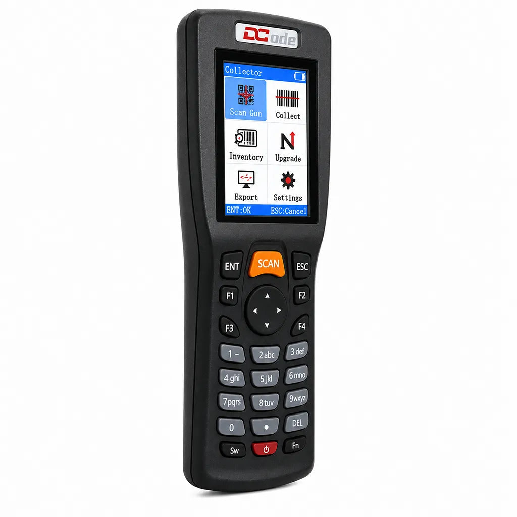 Left angle view of the Dcode DC33A2 wireless 1D and 2D barcode scanner with TFT color LCD and handheld design.
