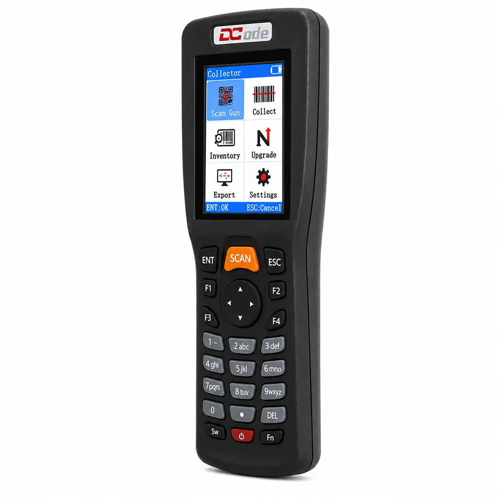 Right angle view of the Dcode DC33A2 wireless barcode scanner featuring LCD display, keypad and portable inventory data collector design.