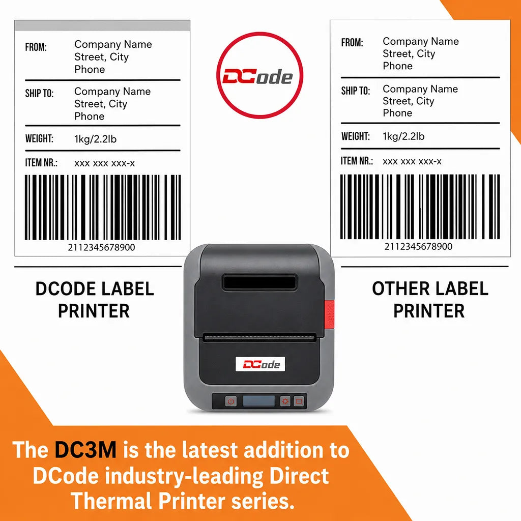 Dcode DC3M direct thermal mobile label printer producing clear barcode and shipping labels for business applications.