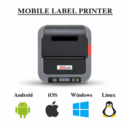 Front view of Dcode DC3M mobile label printer compatible with Android, iOS, Windows and Linux operating systems.