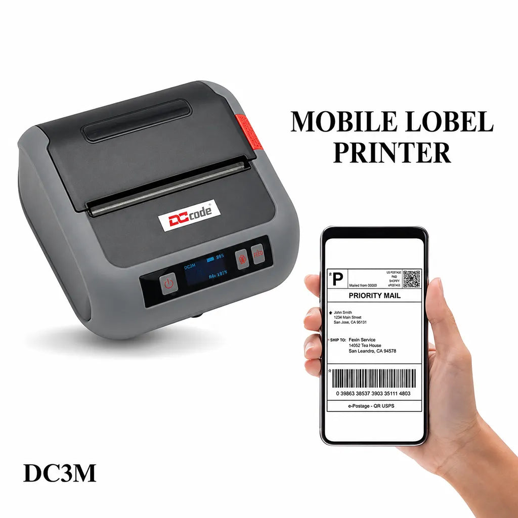 Dcode DC3M portable mobile label printer printing shipping labels from an Android or iOS smartphone via Bluetooth.