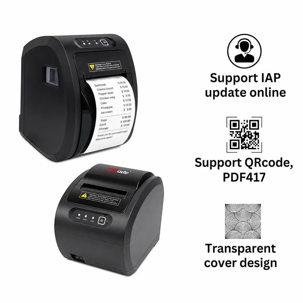 Dcode DC3R1 POS thermal receipt printer printing receipts with QR Code and PDF417 barcode support and transparent cover design.