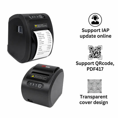 Dcode DC3R1 POS thermal receipt printer printing receipts with QR Code and PDF417 barcode support and transparent cover design.