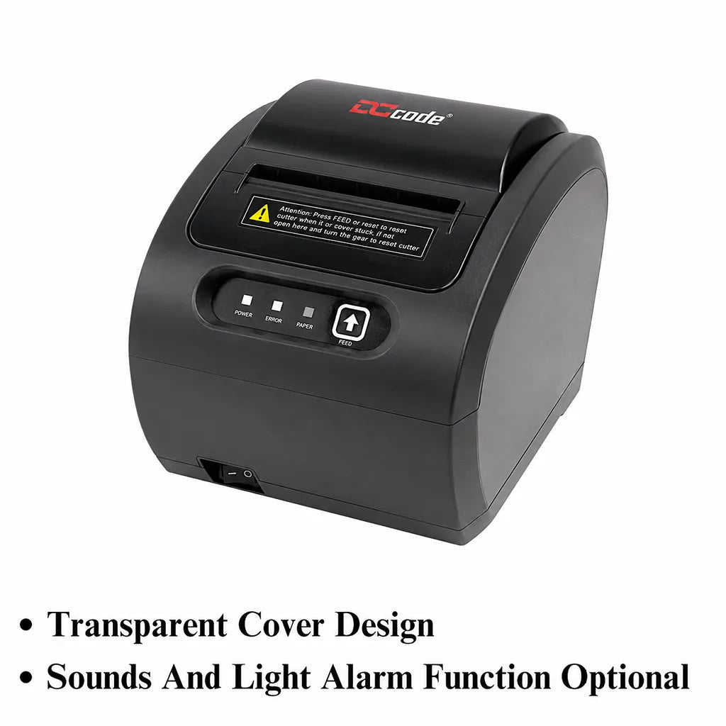 Dcode DC3R1 compact thermal receipt printer with transparent cover design and optional sound and light alarm support.