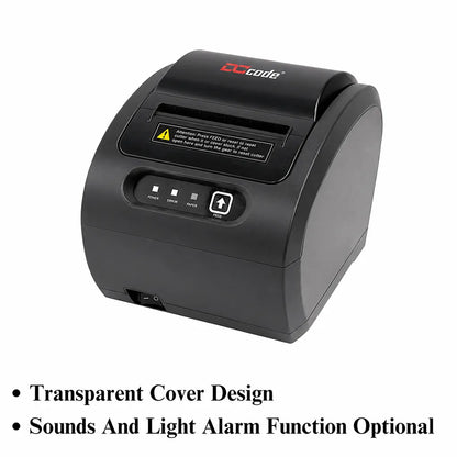 Dcode DC3R1 compact thermal receipt printer with transparent cover design and optional sound and light alarm support.