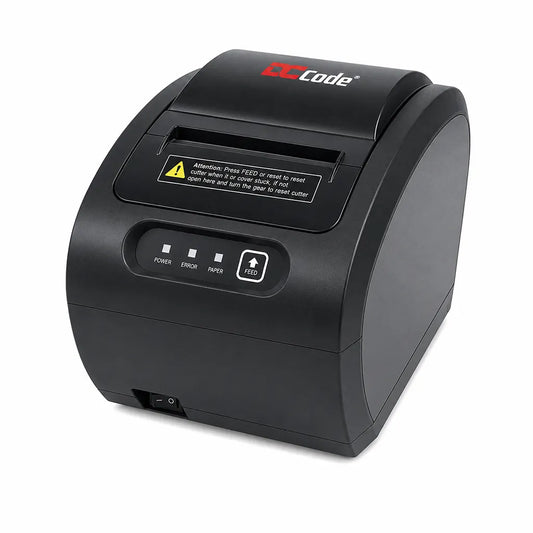 Front angle view of Dcode DC3R1 direct thermal receipt printer with USB, LAN and Bluetooth for POS billing systems.