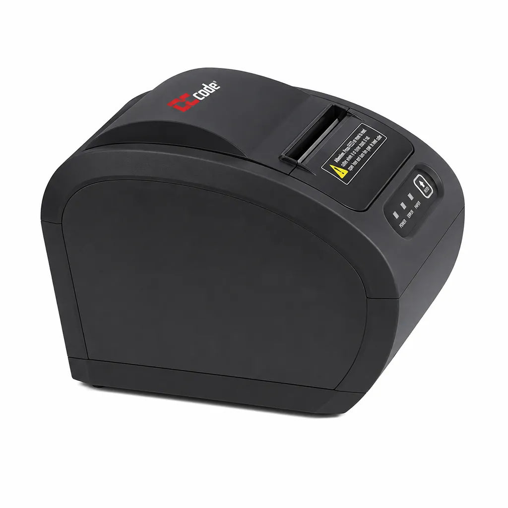 Side profile of Dcode DC3R1 80mm thermal receipt printer with compact desktop design for retail and restaurant POS.